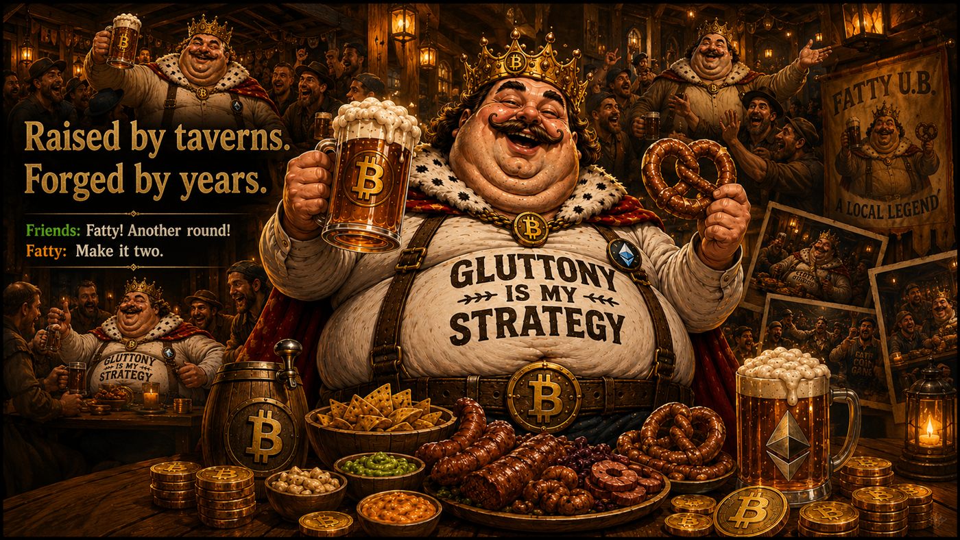 Fatty crowned, raising a beer among cheering friends