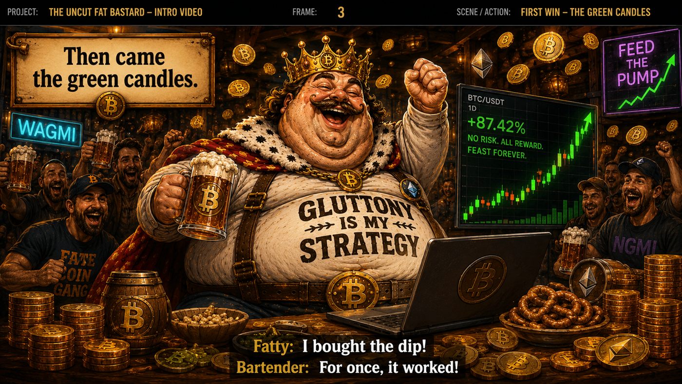Fatty celebrating a green candle chart at +87%
