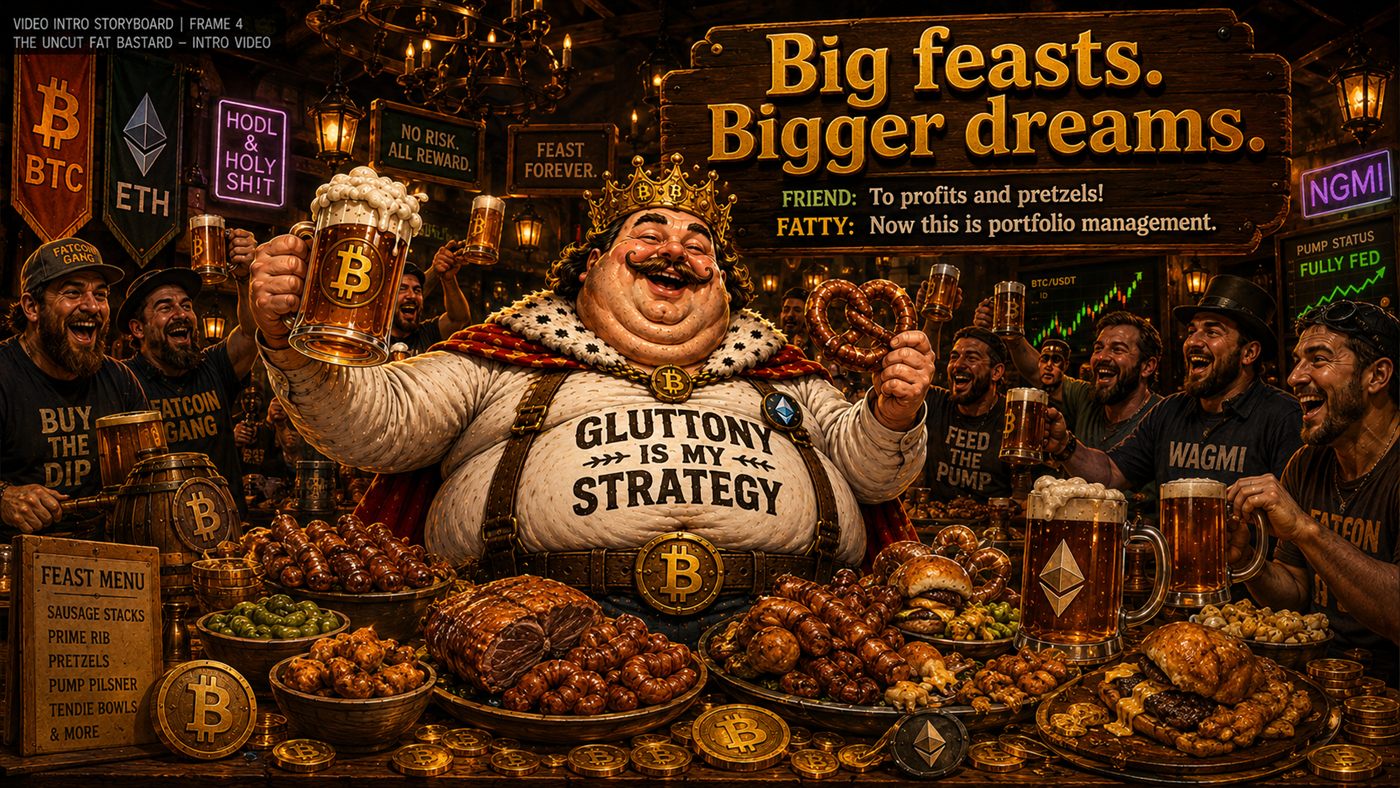A giant feast table with sausages, pretzels and gold coins
